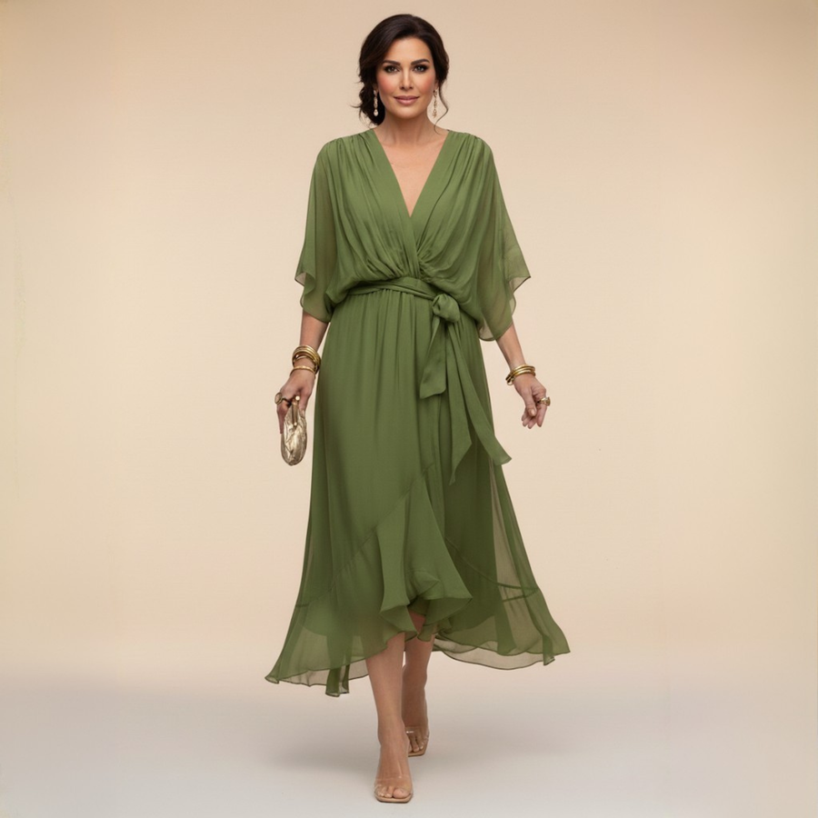 Aspen | Women's Chiffon Wrap Midi Dress in Olive Green - Olive Green - Image 1