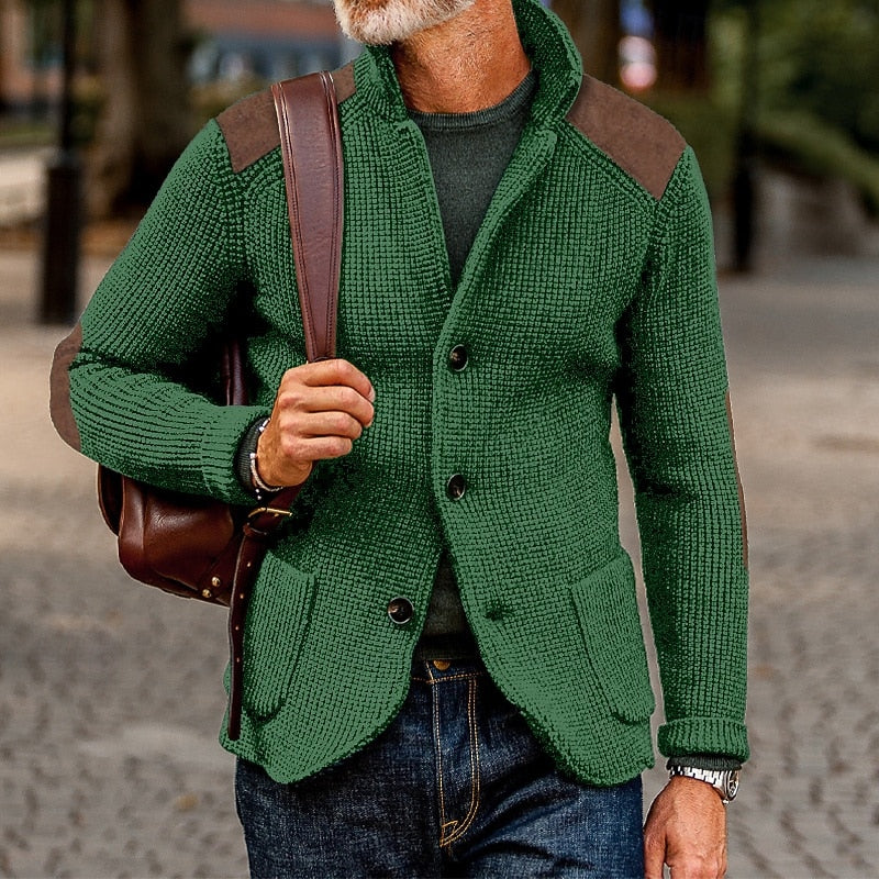 Men's Cardigan | Textured Knit Stand Collar Button Front