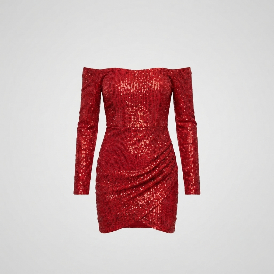 Women's Red Dress | Off-Shoulder Mini Sequin Long Sleeve