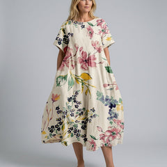 Women's Beach Cover Dress | Maxi Round Neck Short Sleeve Linen Blend