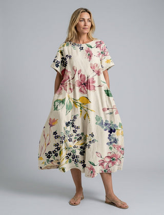 Women's Beach Cover Dress | Maxi Round Neck Short Sleeve Linen Blend