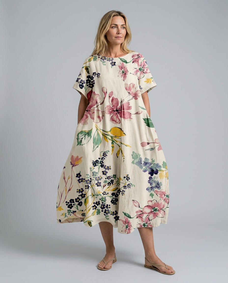 Women's Beach Cover Dress | Maxi Round Neck Short Sleeve Linen Blend