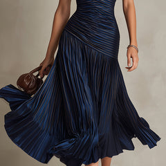 Women's Silk Dress | Midi Length V-Neck Short Sleeve Pleated