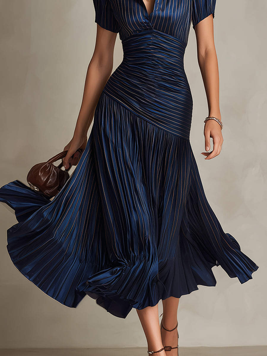 Women's Silk Dress | Midi Length V-Neck Puffed Sleeve Pleated
