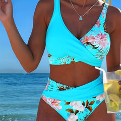 Women's High Waisted Bikini | Wrap V-Neck Floral Print Cut-Out