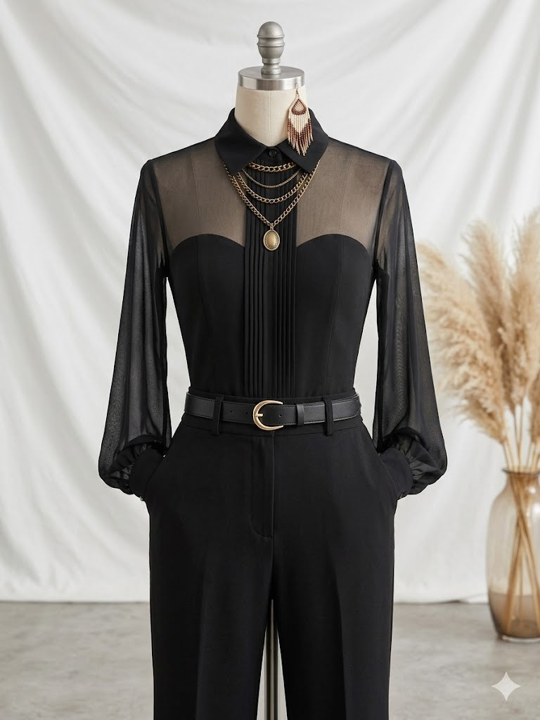 Women's Tank Top | Shirt Collar Long Sleeve Mesh
