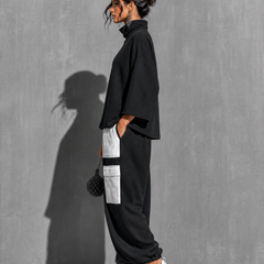 Women's Two Piece Pants Set | Turtleneck Three-Quarter Sleeve Knit Cargo Pockets