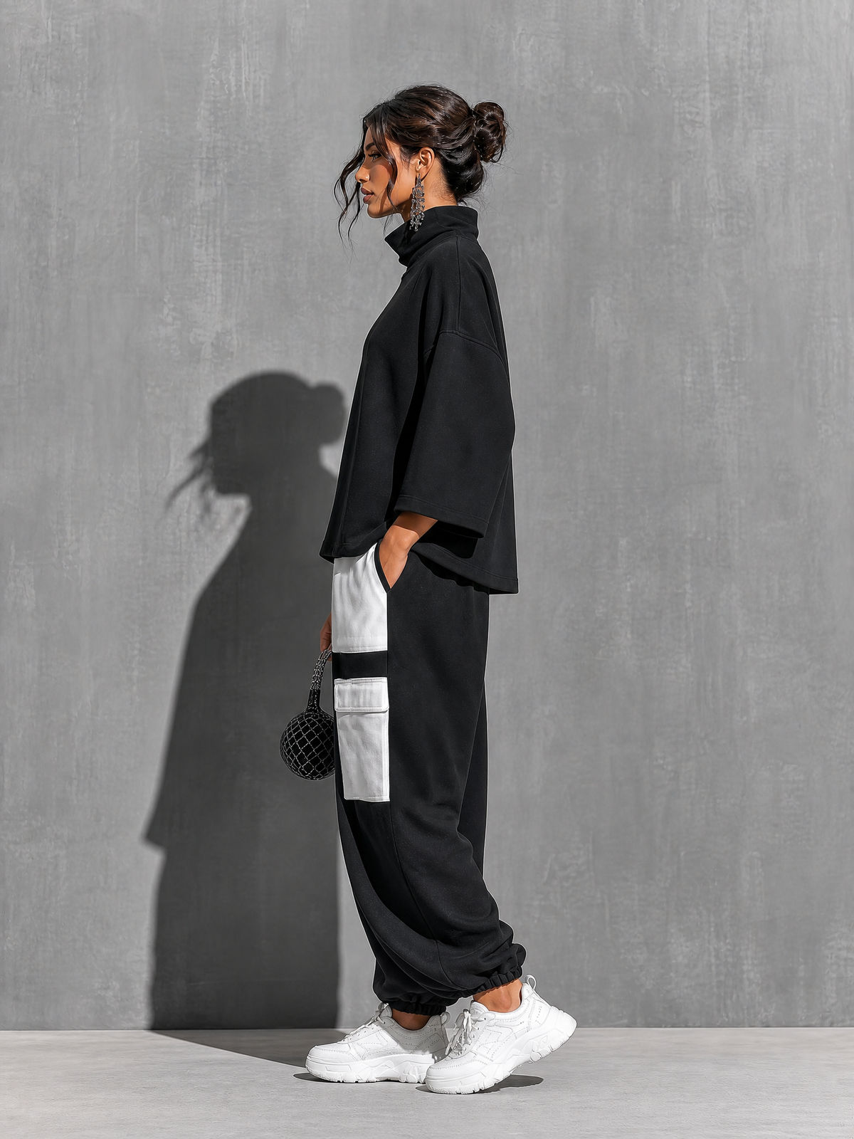 Women's Two Piece Pants Set | Turtleneck Three-Quarter Sleeve Knit Cargo Pockets