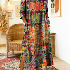 Women's Denim Dress | Midi Length Round Neckline Patchwork Print