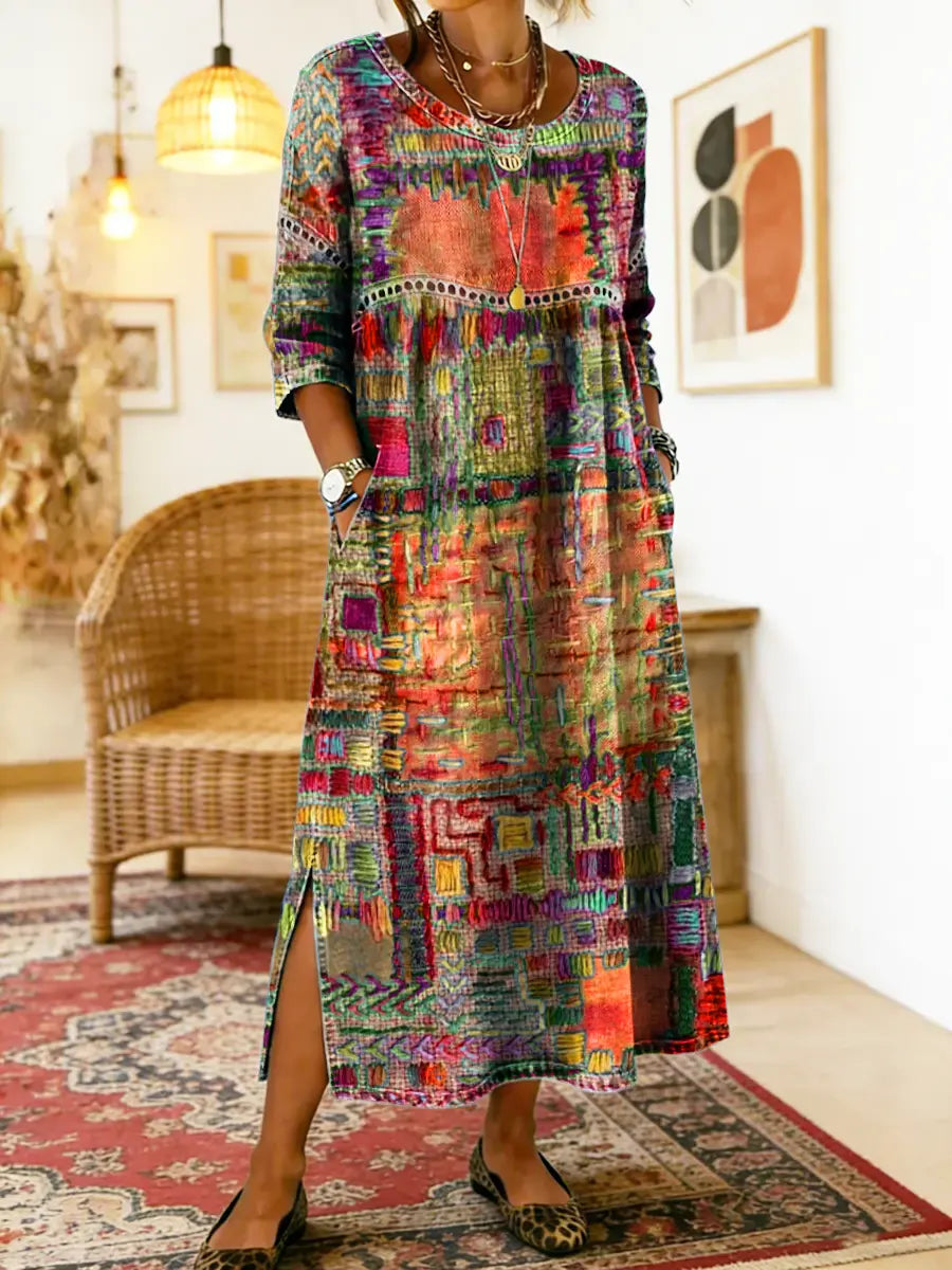 Women's Denim Dress | Midi Length Round Neckline Patchwork Print