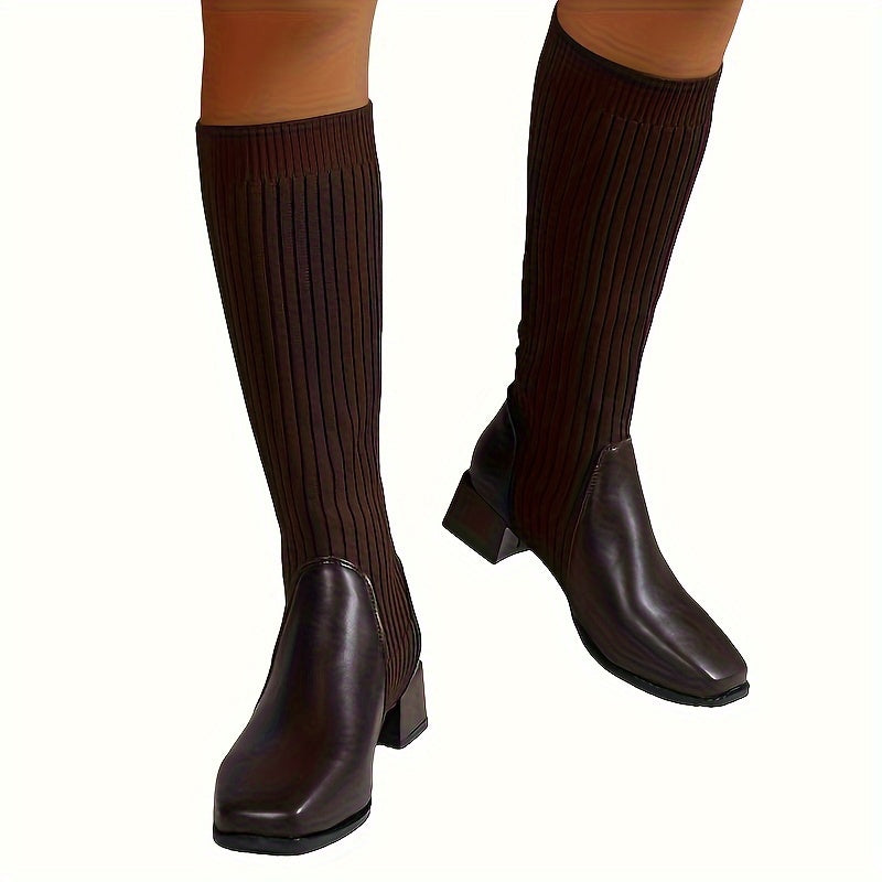 Women's Knee High Boots | Ribbed Knit Shaft Leather Toe Block Heel