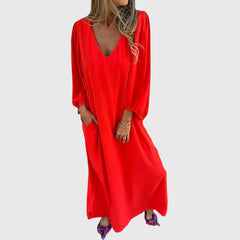Women's Boho Dress | V-Neck Puff Sleeve Midi Pockets