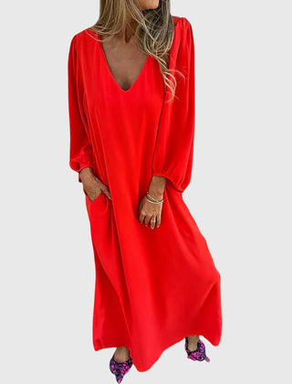 Women's Boho Dress | V-Neck Puff Sleeve Midi Pockets