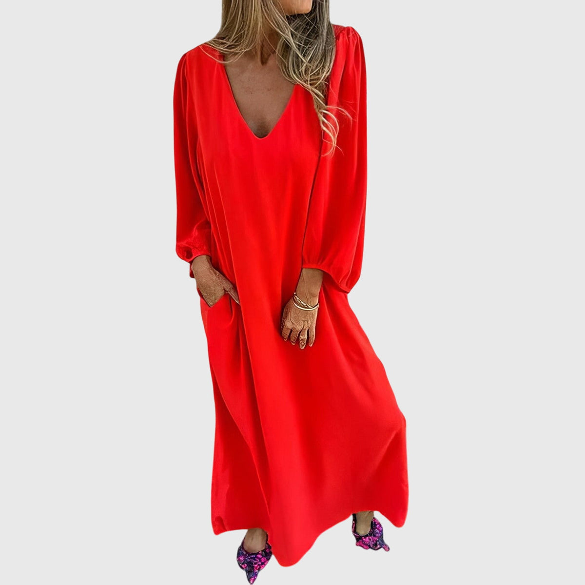 Women's Boho Dress | V-Neck Puff Sleeve Midi Pockets
