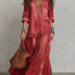 Women's Casual Maxi Dress | Lapel Collar Long Sleeve Denim Organza