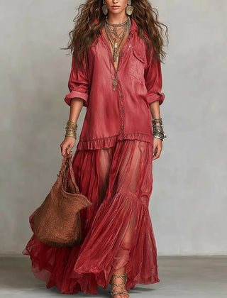 Women's Casual Maxi Dress | Lapel Collar Long Sleeve Denim Organza