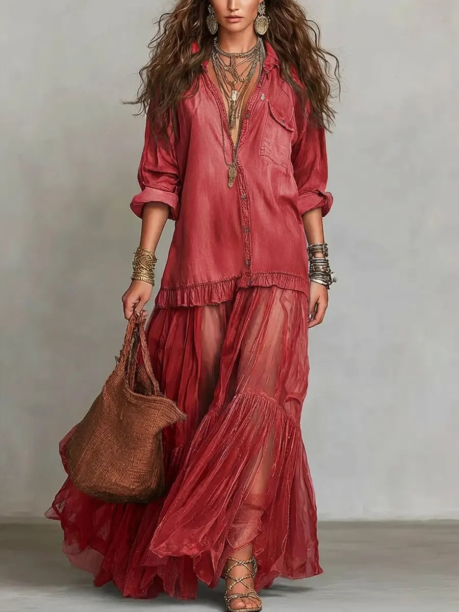 Women's Casual Maxi Dress | Lapel Collar Long Sleeve Denim Organza