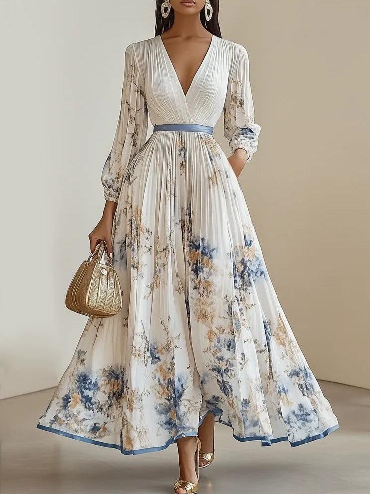Women's White Dress | Maxi Floral V-Neck Balloon Sleeve