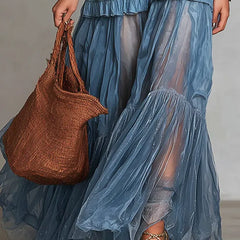 Women's Casual Maxi Dress | Lapel Collar Long Sleeve Denim Organza