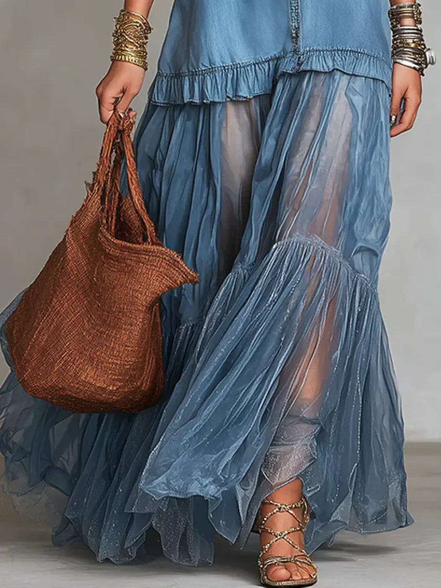 Women's Casual Maxi Dress | Lapel Collar Long Sleeve Denim Organza
