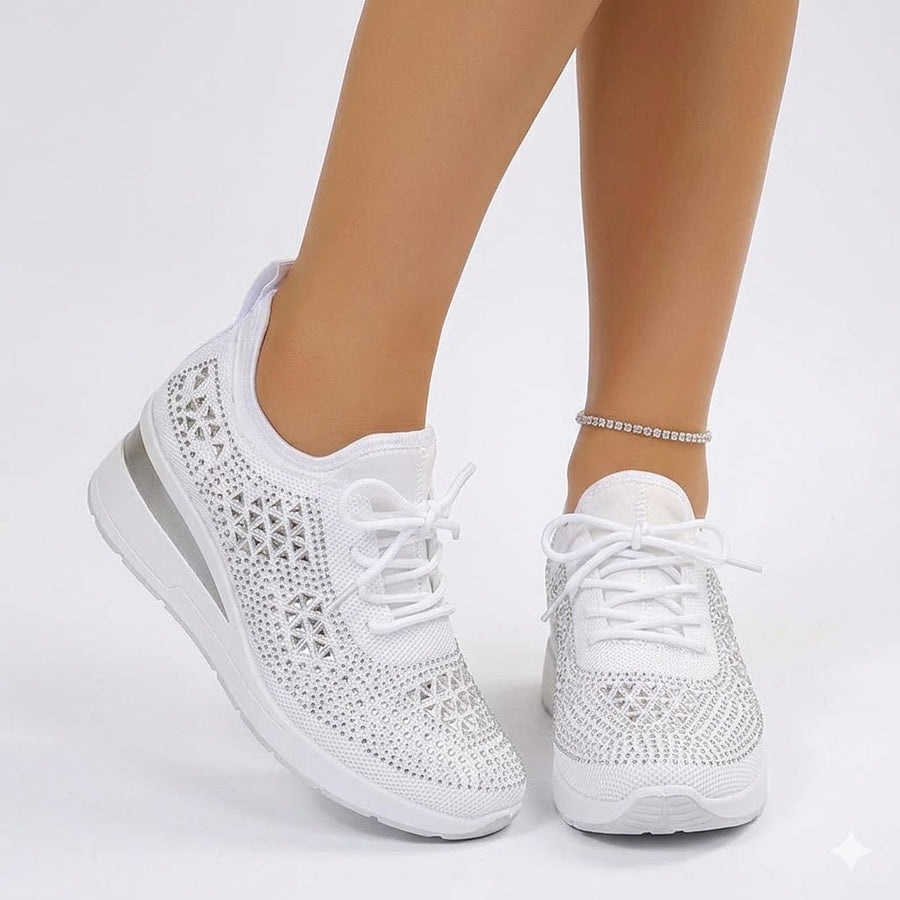 Women's White Sneakers | Rhinestone Lace-Up Knit Platform