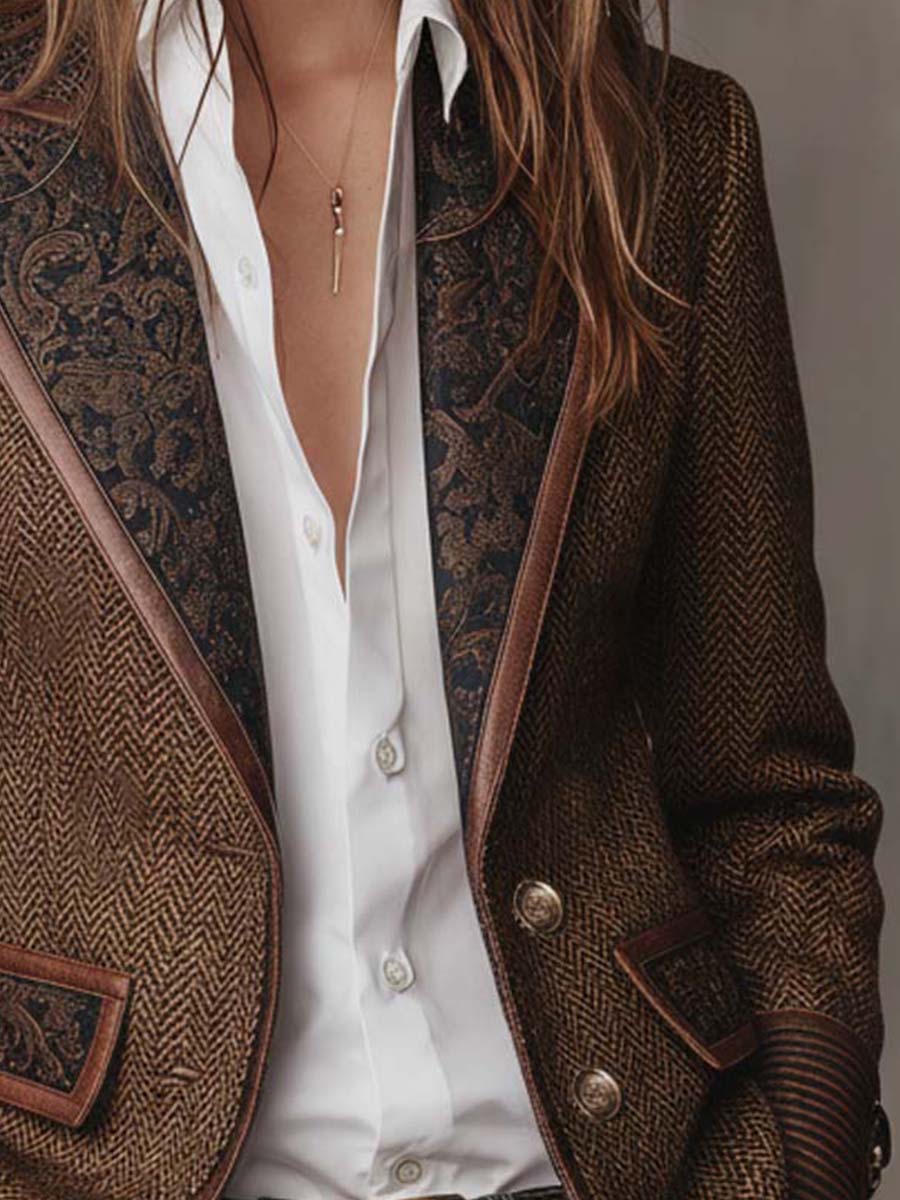 Women's Blazer | Tweed Herringbone Button Closure Tailored