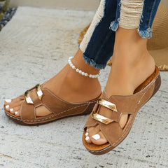 Women's Platform Slide | Open Toe Buckle Metallic Heel