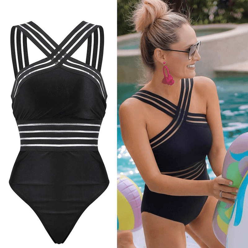 Women's One Piece Bikini | Striped Mesh Crossback High Neck