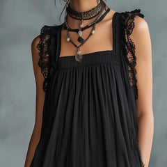 Women's Polka Dot Mini Dress | Square Neckline Lace Sleeveless Chiffon