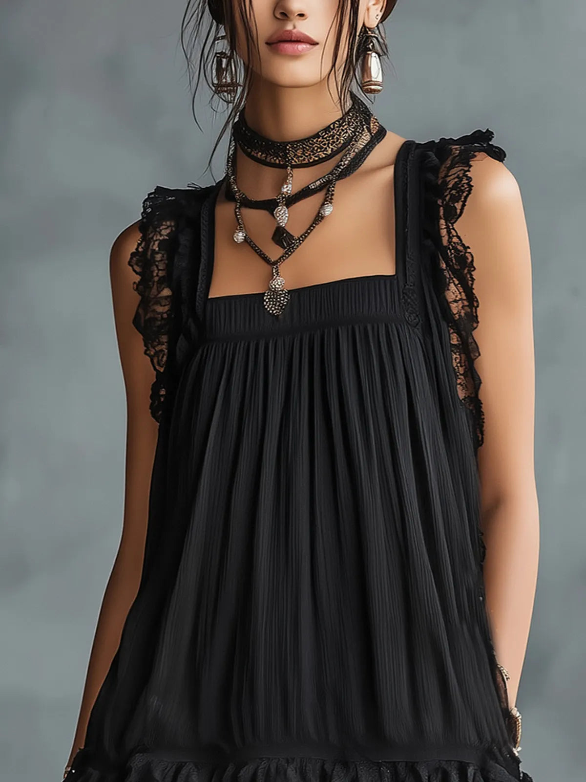 Women's Polka Dot Mini Dress | Square Neckline Lace Sleeveless Chiffon