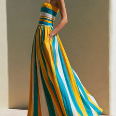 Women's Strapless Maxi Dress | Midi Length Striped Smocked Bodice