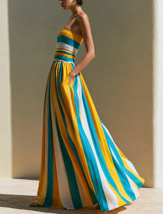 Women's Strapless Maxi Dress | Midi Length Striped Smocked Bodice