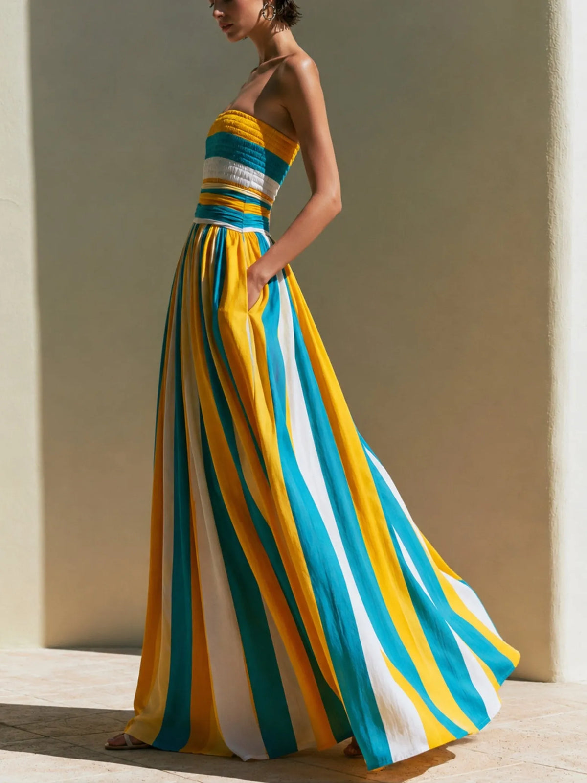 Women's Strapless Maxi Dress | Midi Length Striped Smocked Bodice