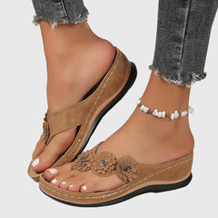 Women's Flip Flop | Open Toe Flower Embellished Wedge