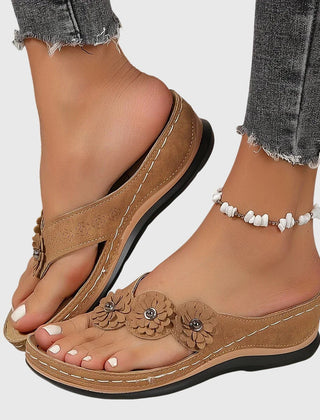 Women's Flip Flop | Open Toe Flower Embellished Wedge