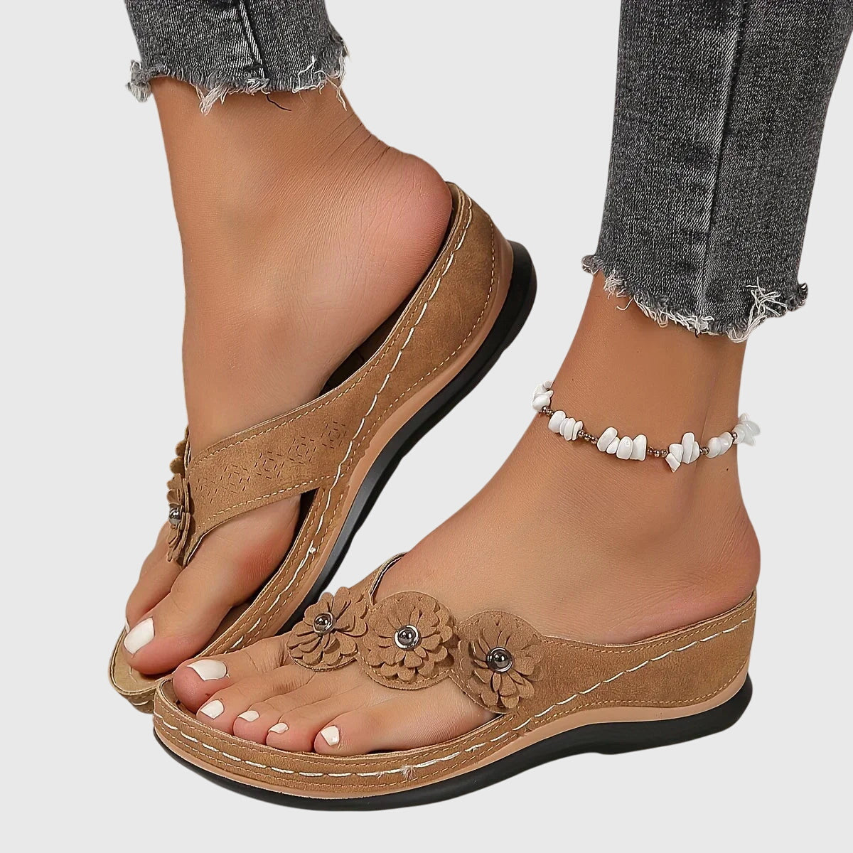 Women's Flip Flop | Open Toe Flower Embellished Wedge