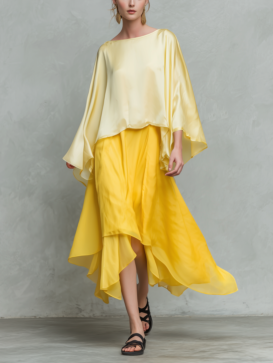 Women's Maxi Skirt | Long Sleeves Round Neckline Satin Chiffon