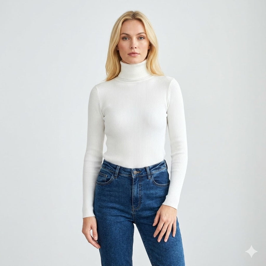 Women's White Top | Turtleneck Ribbed Knit Long Sleeve