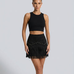 Women's Skort | Mini Length Faux Suede Fringe Detail