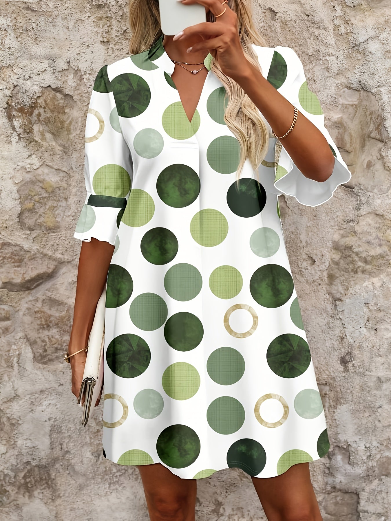 Women's Mini Dress | V-Neck Polka Dot Flared Sleeve