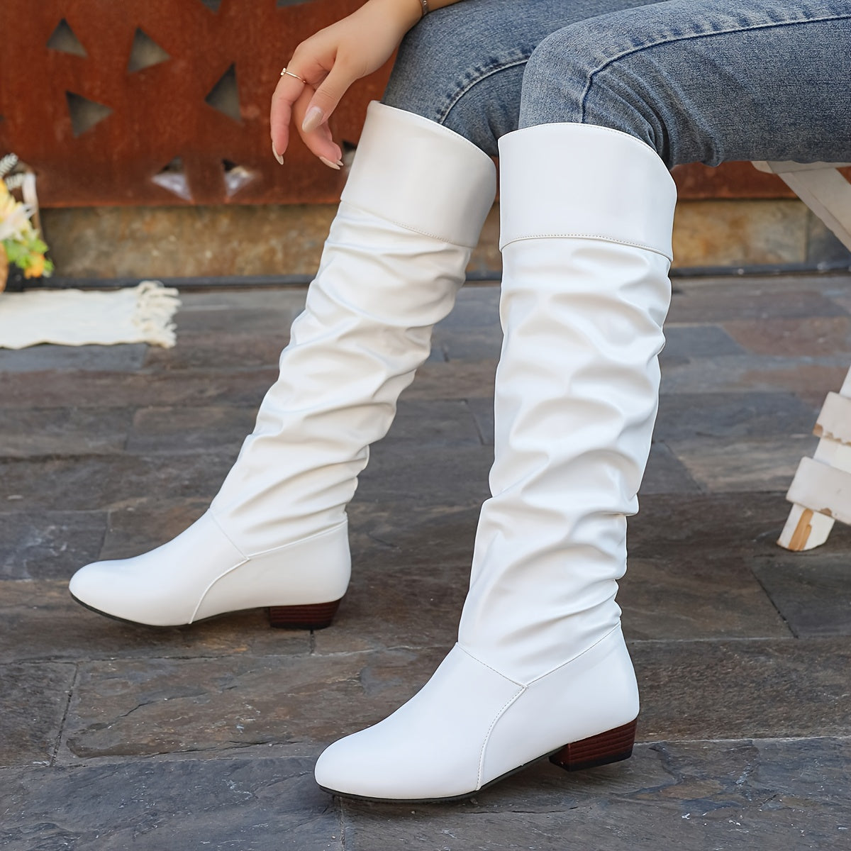 Women's Slouch Boots | Knee High Rounded Toe Low Heel