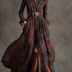 Women's Plaid Dress | Collared Long Sleeve Belted
