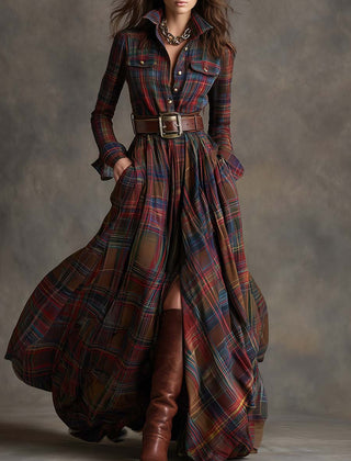 Women's Plaid Dress | Collared Long Sleeve Belted