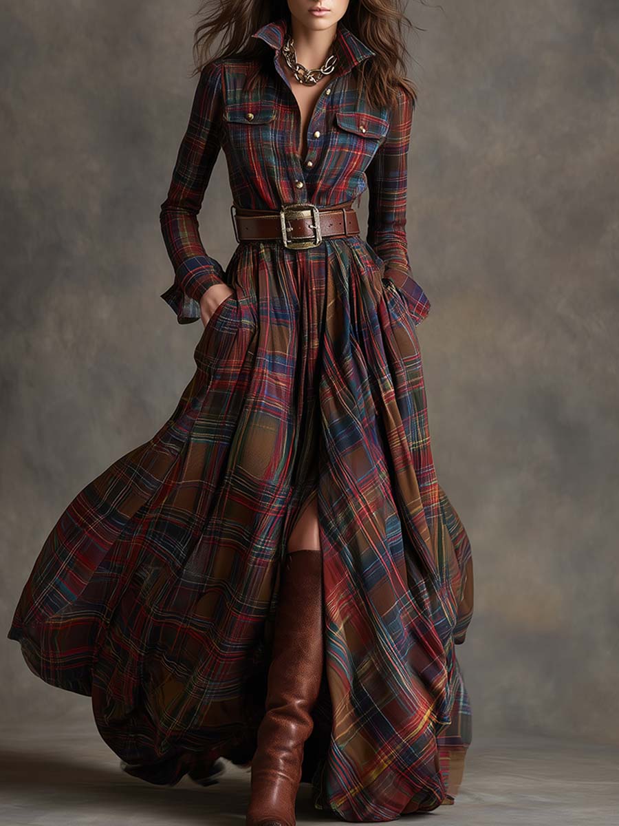 Women's Plaid Dress | Collared Long Sleeve Belted