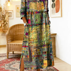 Women's Denim Dress | Midi Length Round Neckline Patchwork Print