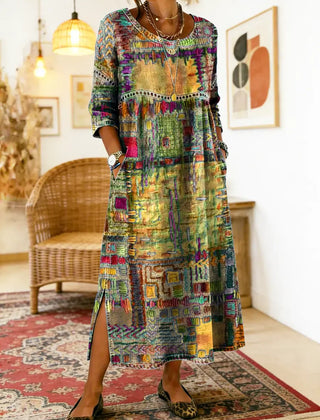 Women's Denim Dress | Midi Length Round Neckline Patchwork Print