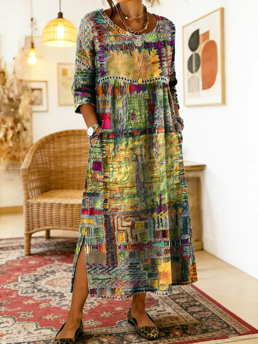 Women's Denim Dress | Midi Length Round Neckline Patchwork Print