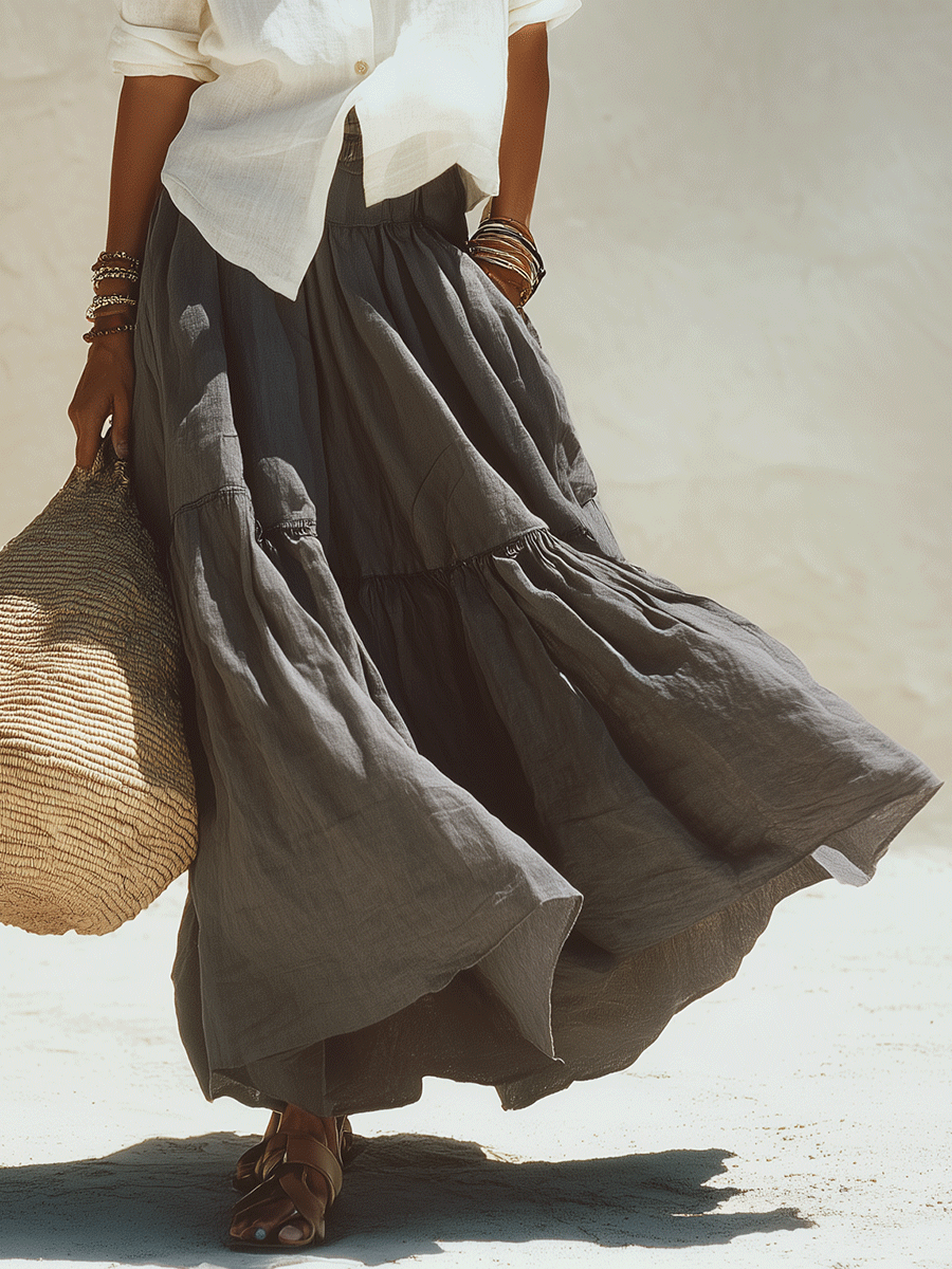 Women's Maxi Skirt | Flowing Linen Elastic Waist Ankle Length