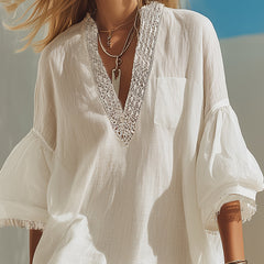 Women's Linen Mini Dress | V-Neck Puff Sleeve Lace Tassel