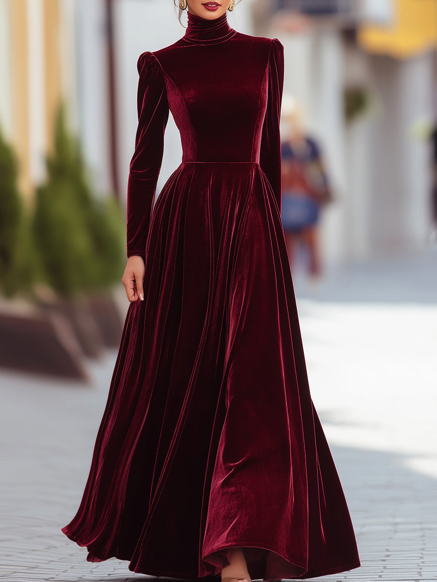 Women's Christmas Dress | Maxi Turtleneck Long Sleeve Velvet